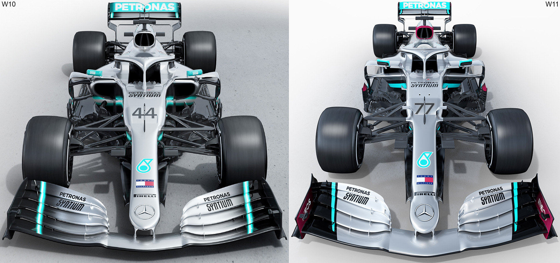Srovnání nového Mercedesu W11 s loňským modelem (vlevo)